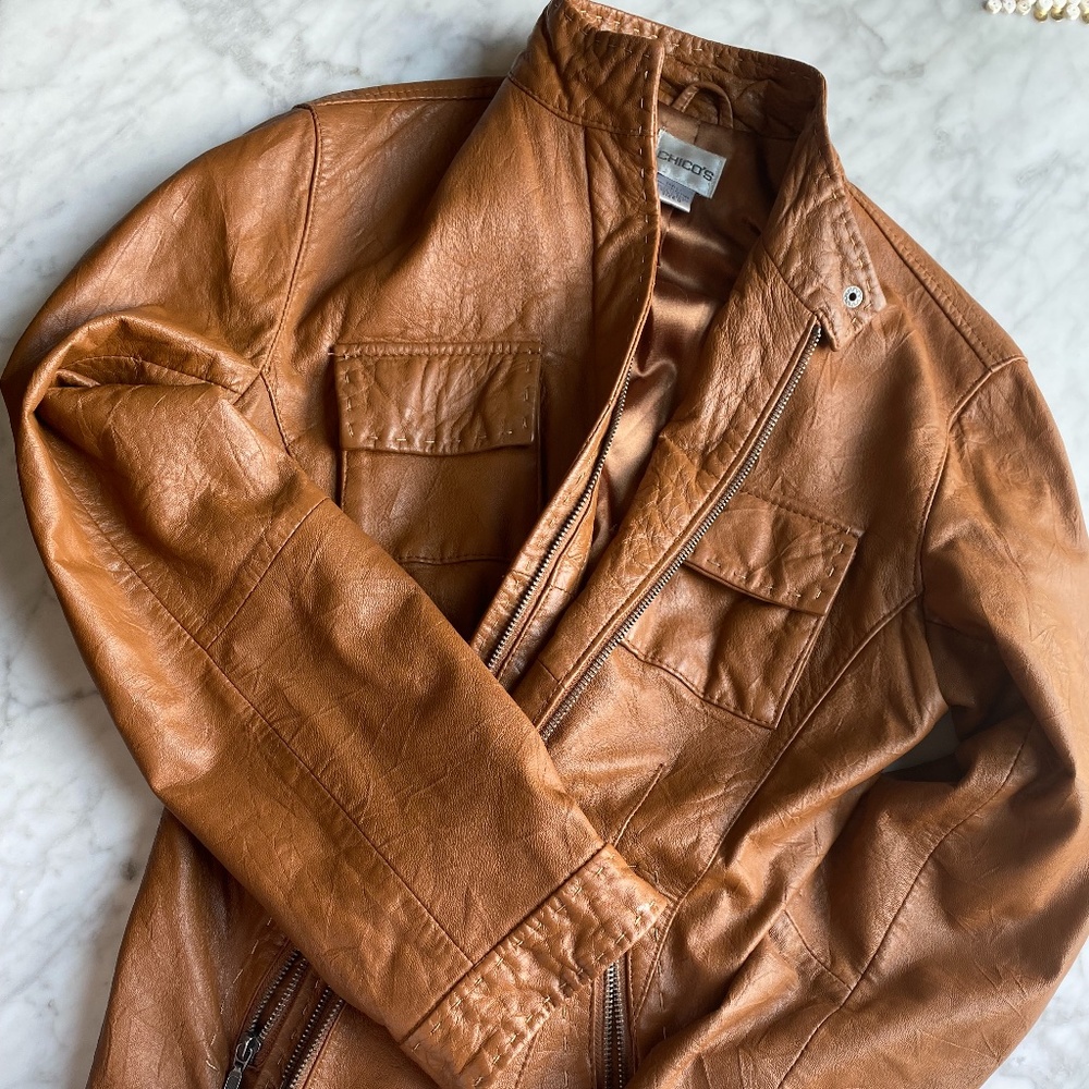 Chico's Tan Leather Short Moto Jacket - size 0 (chicos)